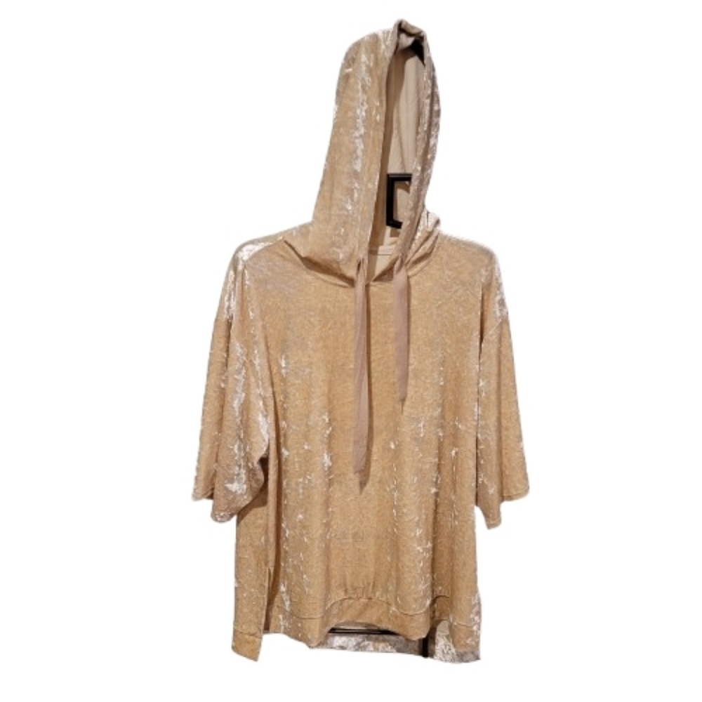 Forever 21 Crushed Velvet Short Sleeve Hoodie Top Cream Medium - Picture 5 of 14